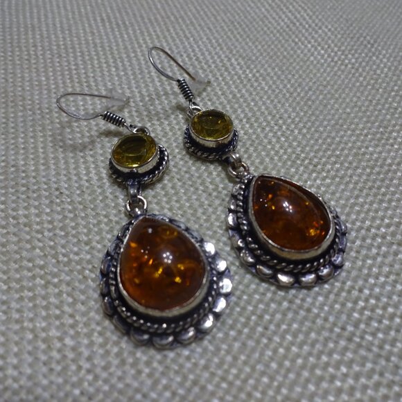 Gorgeous AMBER & CITRINE Handmade Sterling Dangle Earrings (1 1/2" Drop) #967B - Picture 2 of 3
